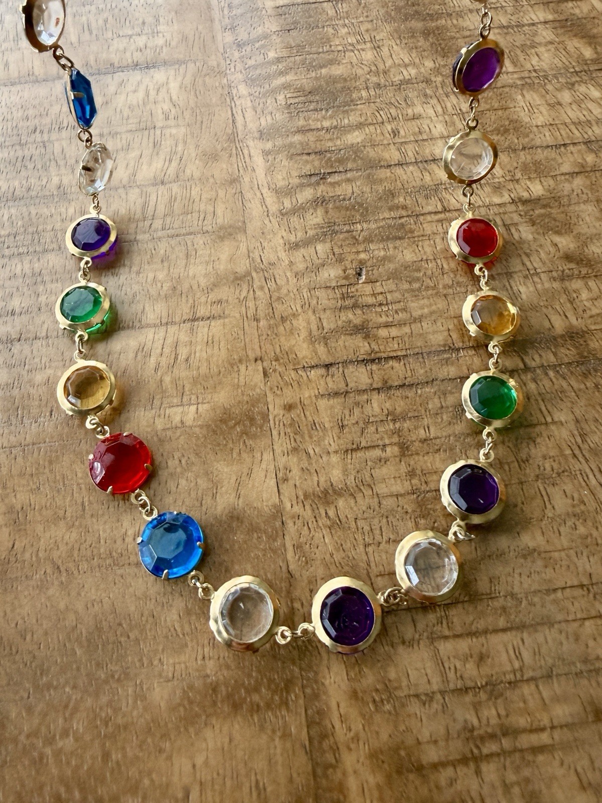 Vintage Multi‑Color Faceted Glass Bezel Necklace, Korea Marked, 1970s–1990s