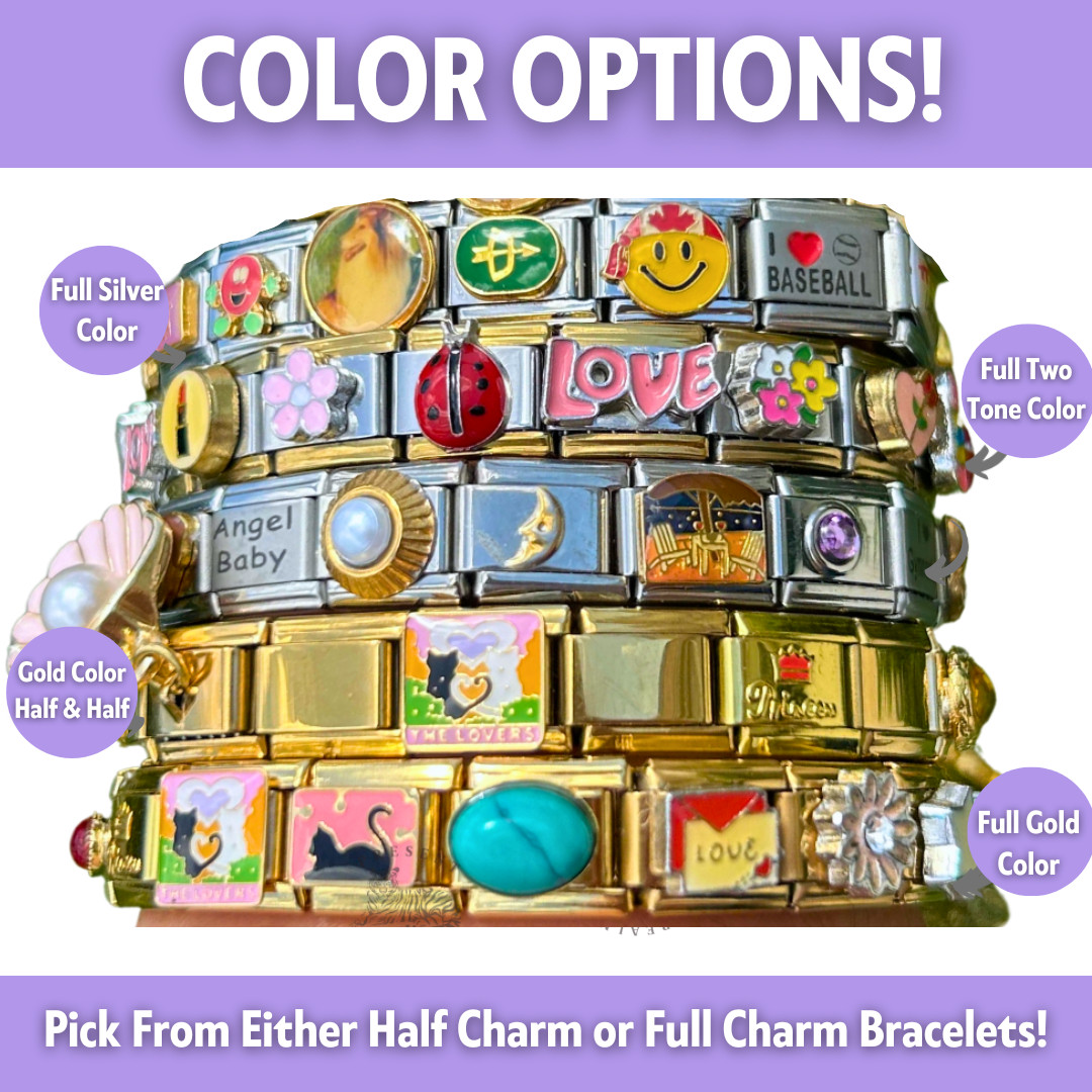 Vintage Italian Charm Bracelet – Themed & Sized, Stainless Steel, Nostalgic Jewe