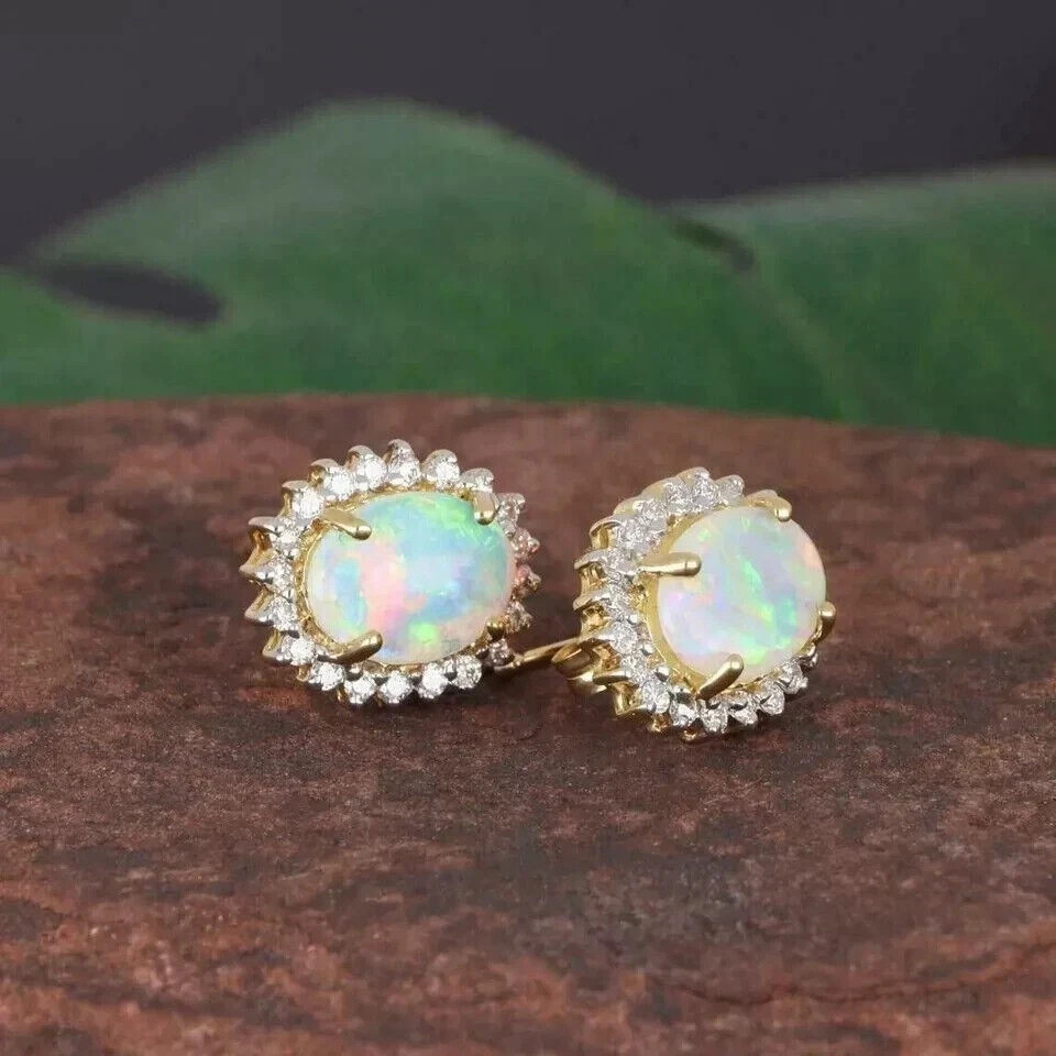 2.20Ct Oval Cut Simulated Fire Opal Halo Stud Earrings 14k Yellow Gold Plated