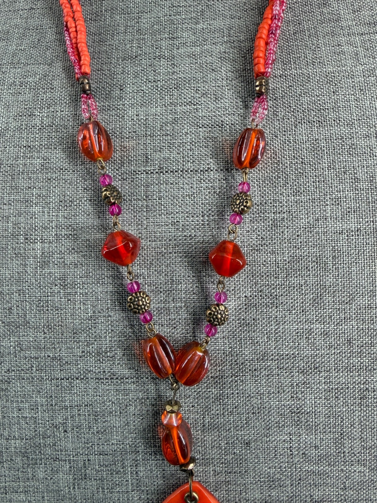 Coldwater Creek Orange Dyed Shell Pendant Seed Bead Necklace 29″