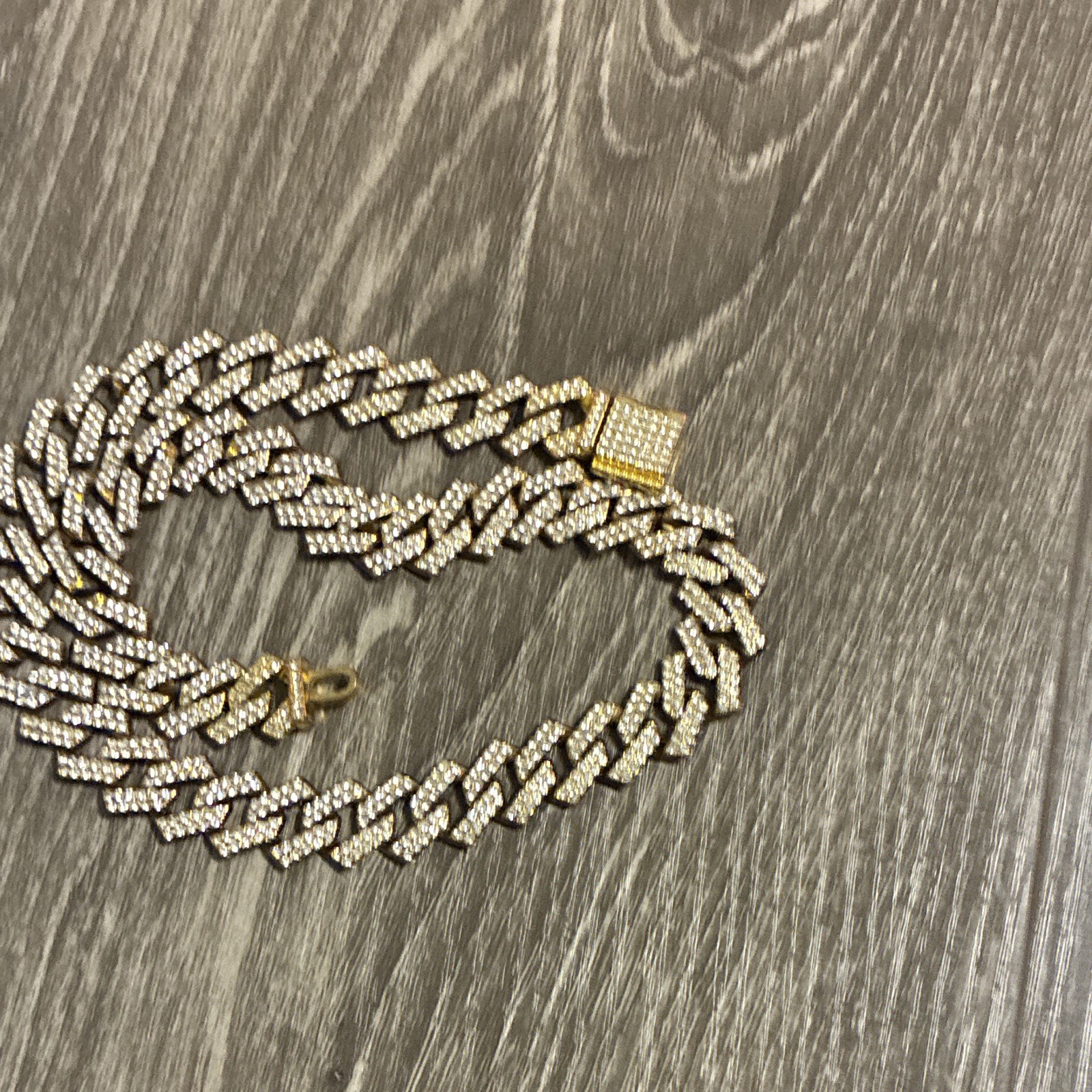 Gold Tone Pavé Cuban Link Chain Necklace White Crystal Round Stones Box Clasp