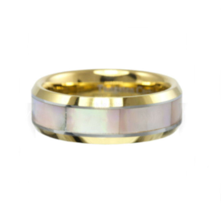 Gold IP Tungsten Ring 7MM Rare Pink Mother of Pearl MOP Shell Inlay Sz 7 – 12