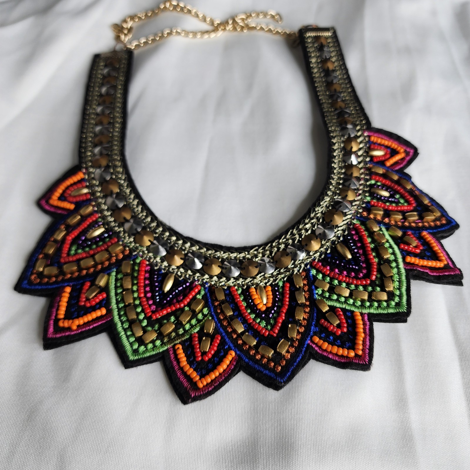 Big Beaded Tribal Collar Necklace Black Multi Brass/Silver Statement Choker Bib
