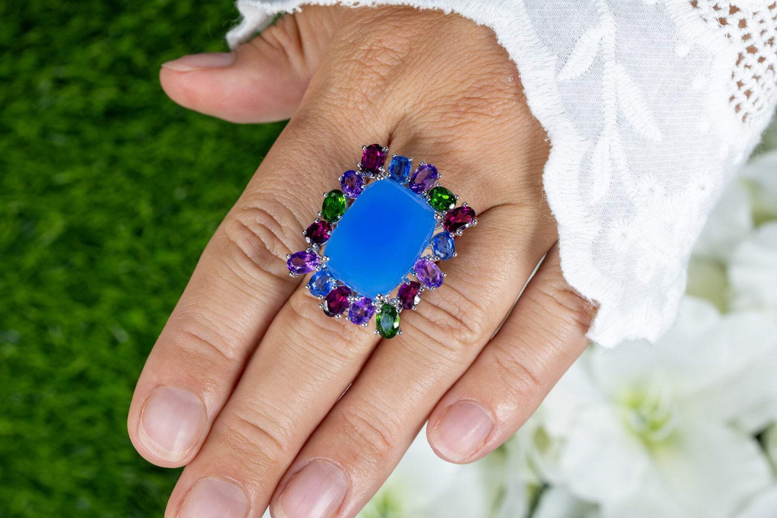 Natural Blue Chalcedony Ring 26ct Multi Gemstone Halo Sterling Silver Size 7