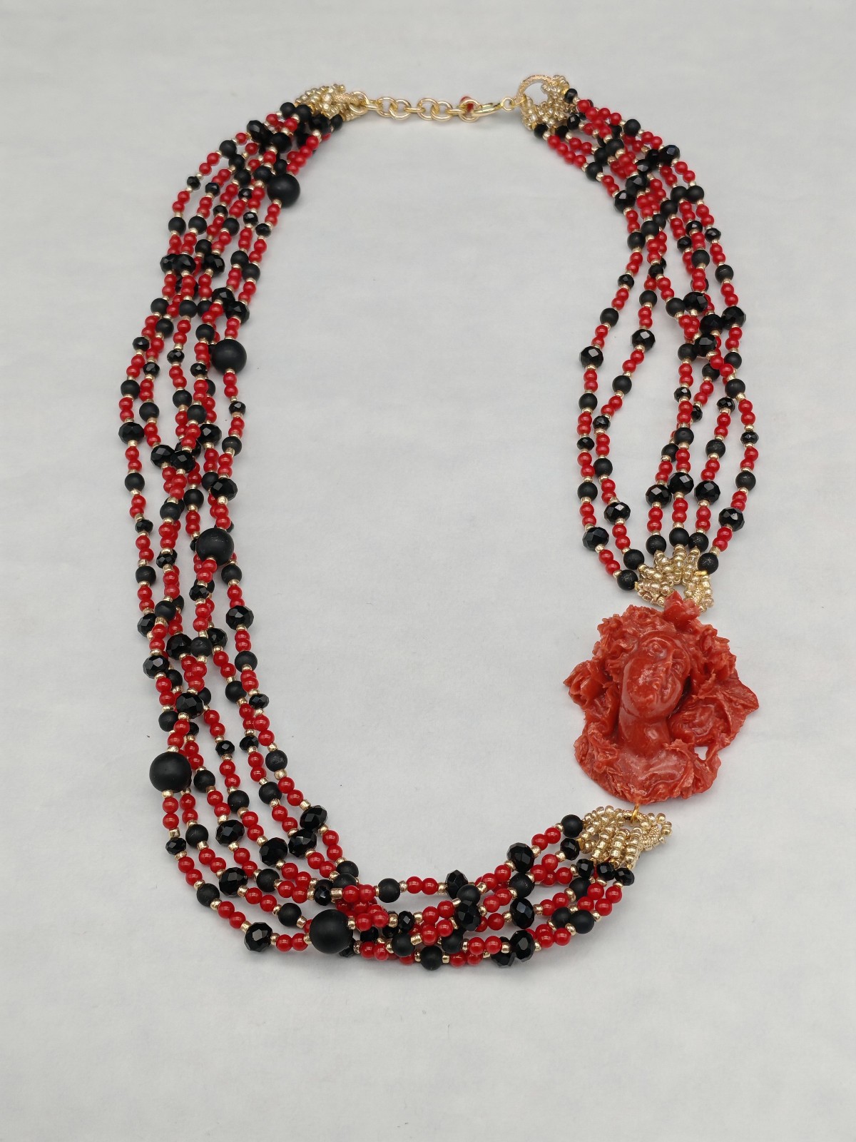 Women Red Coral Cameo Multifilament Elegant Onyx Necklace Made in Italy
