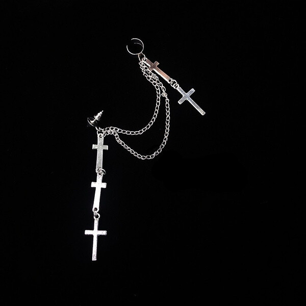Gothic Punk Cuff Dangle Drop Cross Earrings-Long Chain Stud Tassel, Gift, Silver