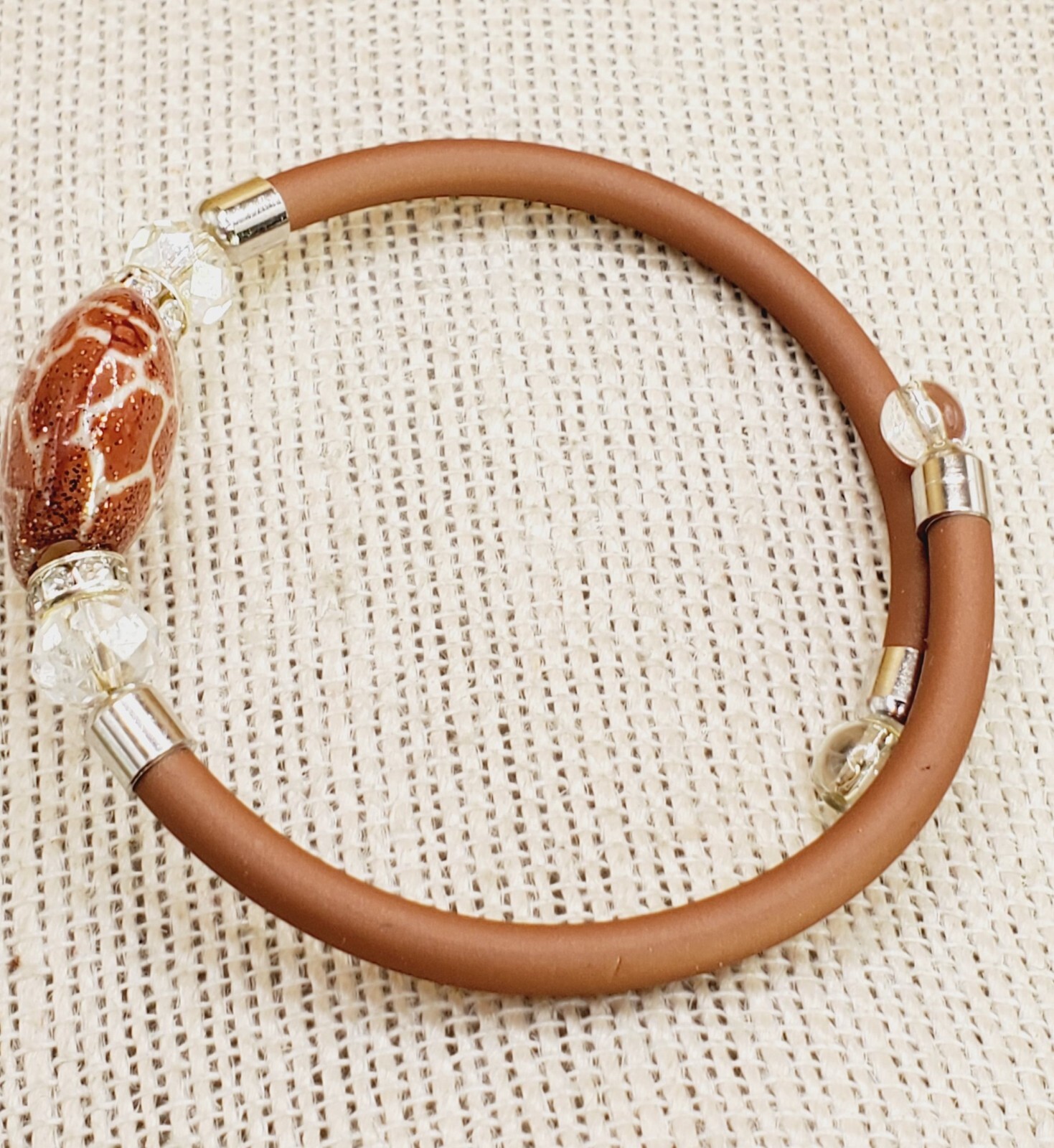 Zebra Look Plastic coated Bead & Clear Crystal Stretch Memory Wire Bracelet