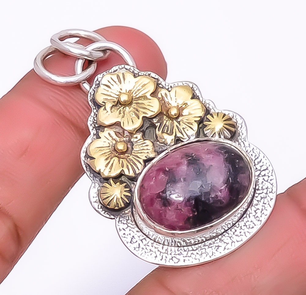 Black Manganese In Rhodonite – Colorado 925 Silver Floral Pendant 1.64″ P_20_33