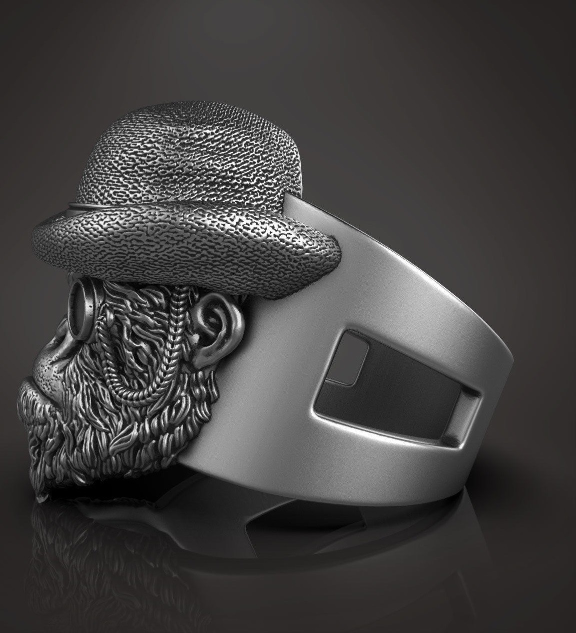Oxidized Native American Indian Chief Skull & Wolf Head 925Silver Statement Ring