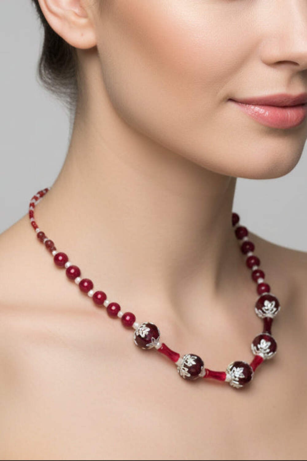 Burgundy Beaded Necklace for Women – 21.5″ Red Glass & Bamboo Tube Statement Nec