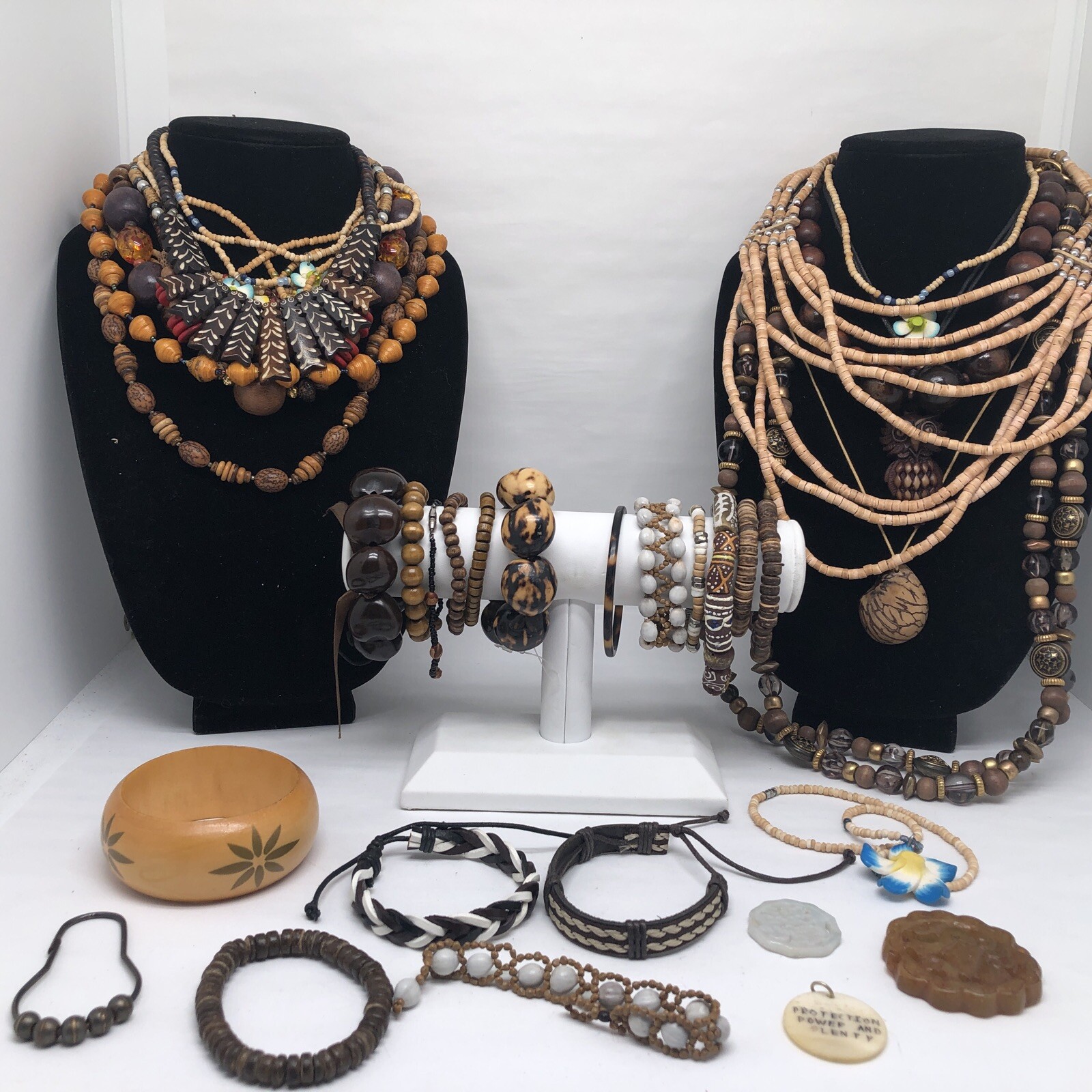 Boho Earth Tone Wood Jewelry Lot Bracelet Bangle Necklace Beads
