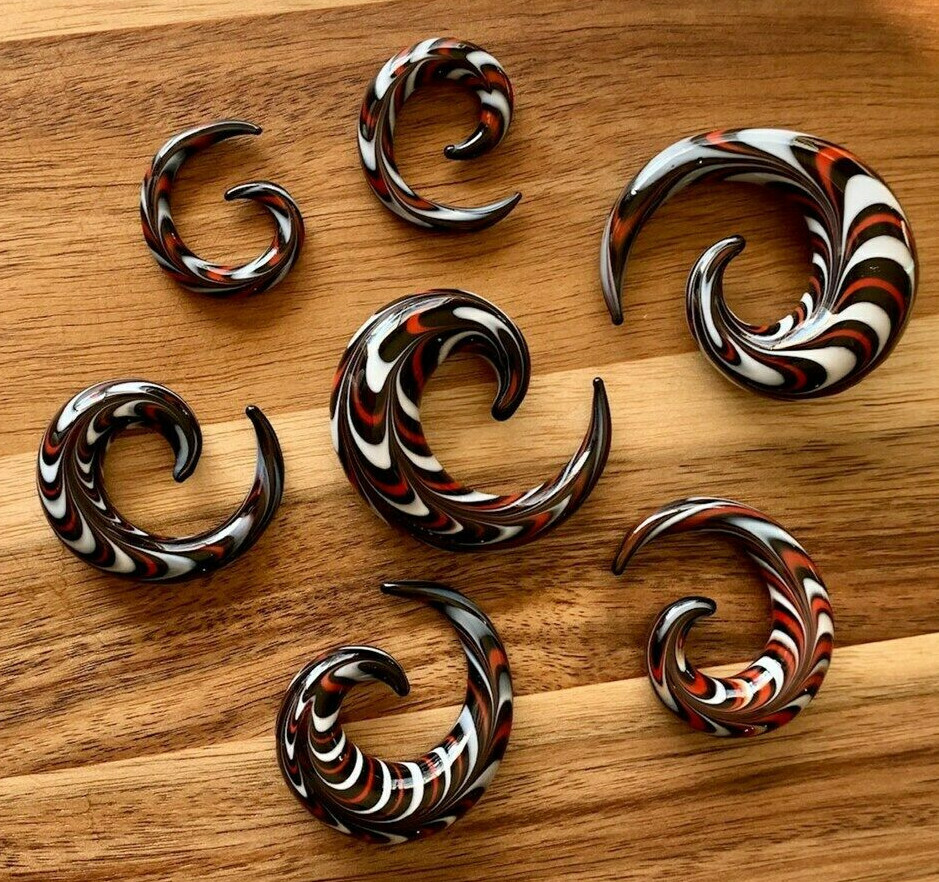 PAIR Red, White & Black Glass Spiral Tapers Expanders Plugs Gauges Body Jewelry