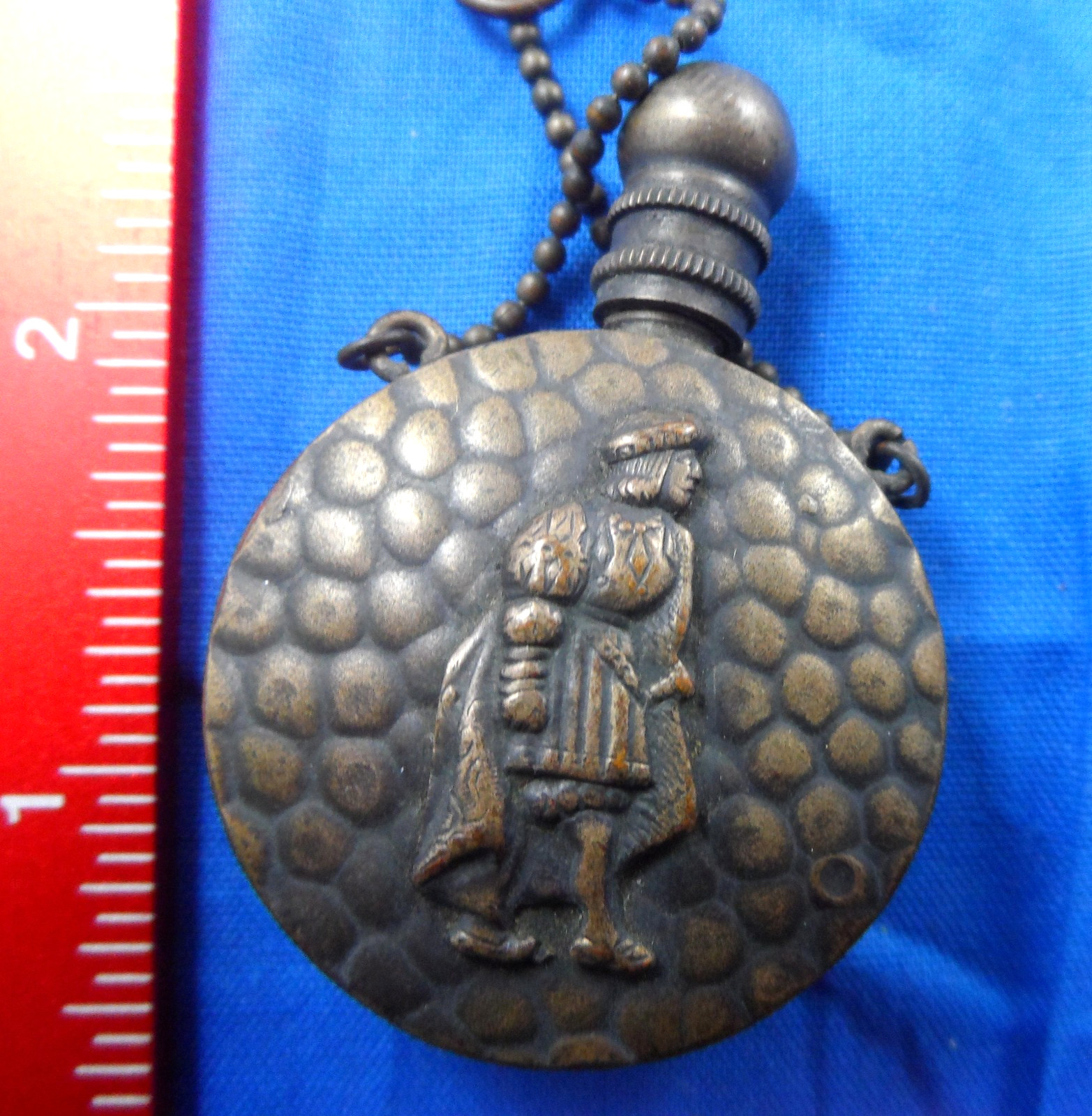 Antique Metal Victorian Figures Pendant 2-3/8″ Vintage Chatelaine Perfume Vessel