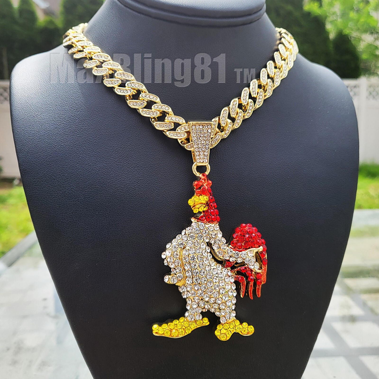 Large Gold Chicken Pendant & 16″ 18″ 20″ 24″ Iced Cuban Box Lock Chain Necklace