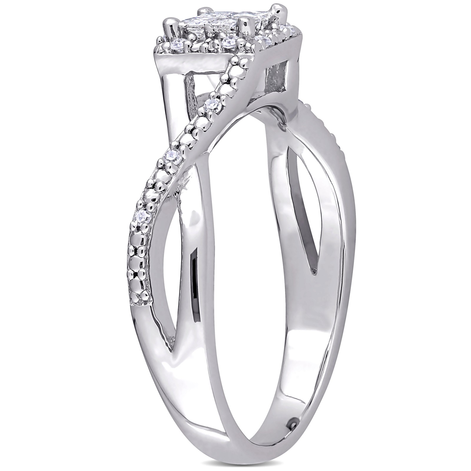Amour Sterling Silver Princess-cut Diamond Crossover Halo Engagement Ring