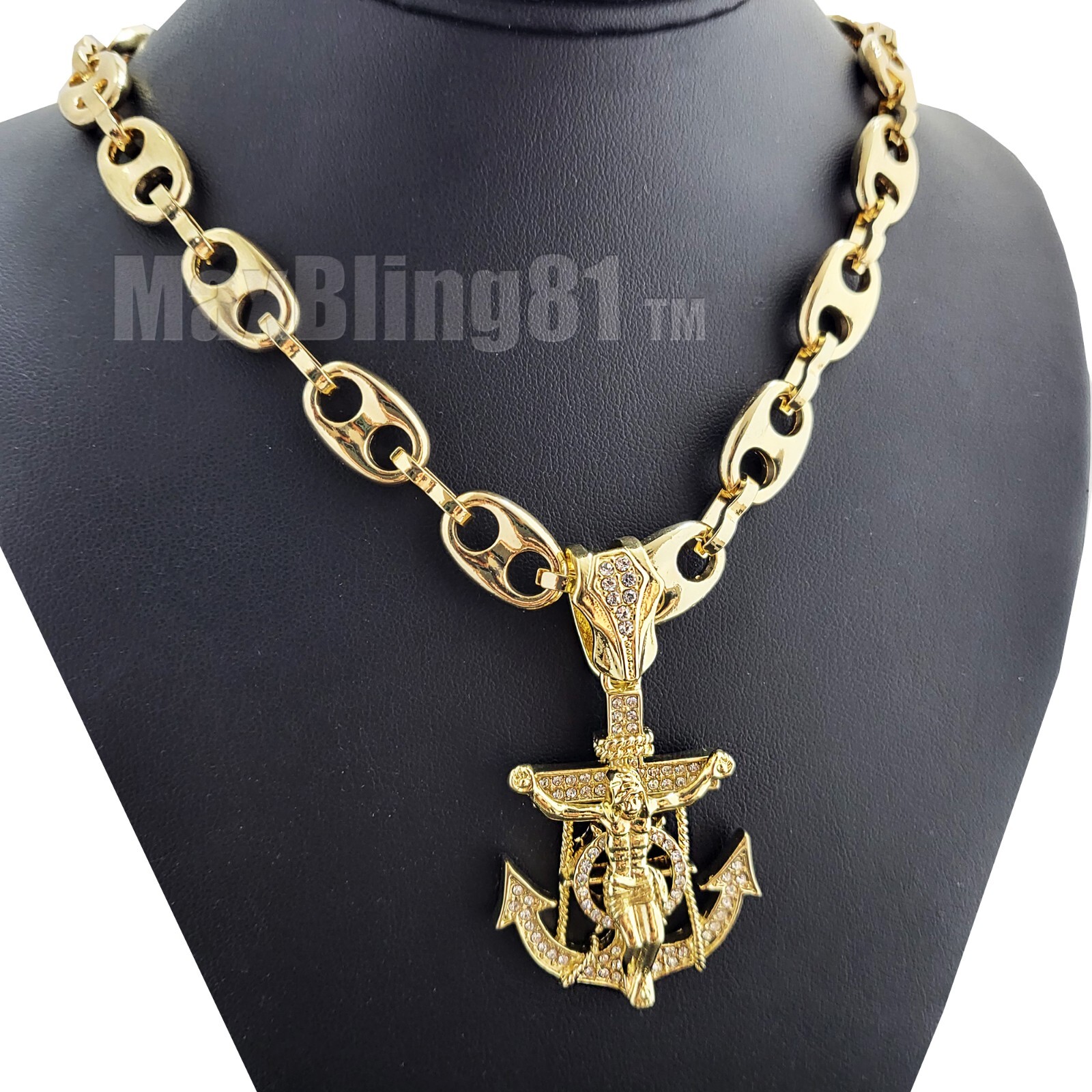 Iced Gold plated Alloy Cubic Zirconia Jesus Anchor & Bling Marina Chain Necklace