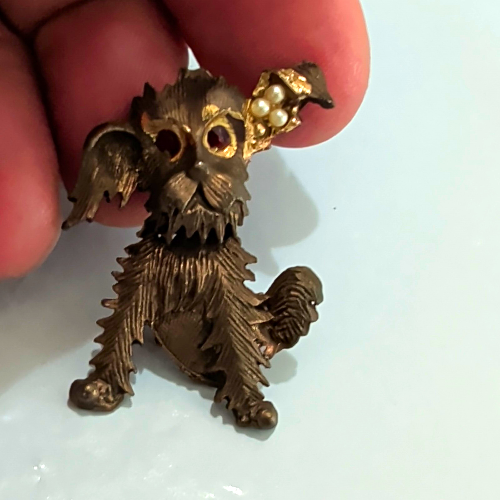 Gold Tone Dog Brooch Pin, Red Stone Eyes, Faux Pearl Accent, Metal