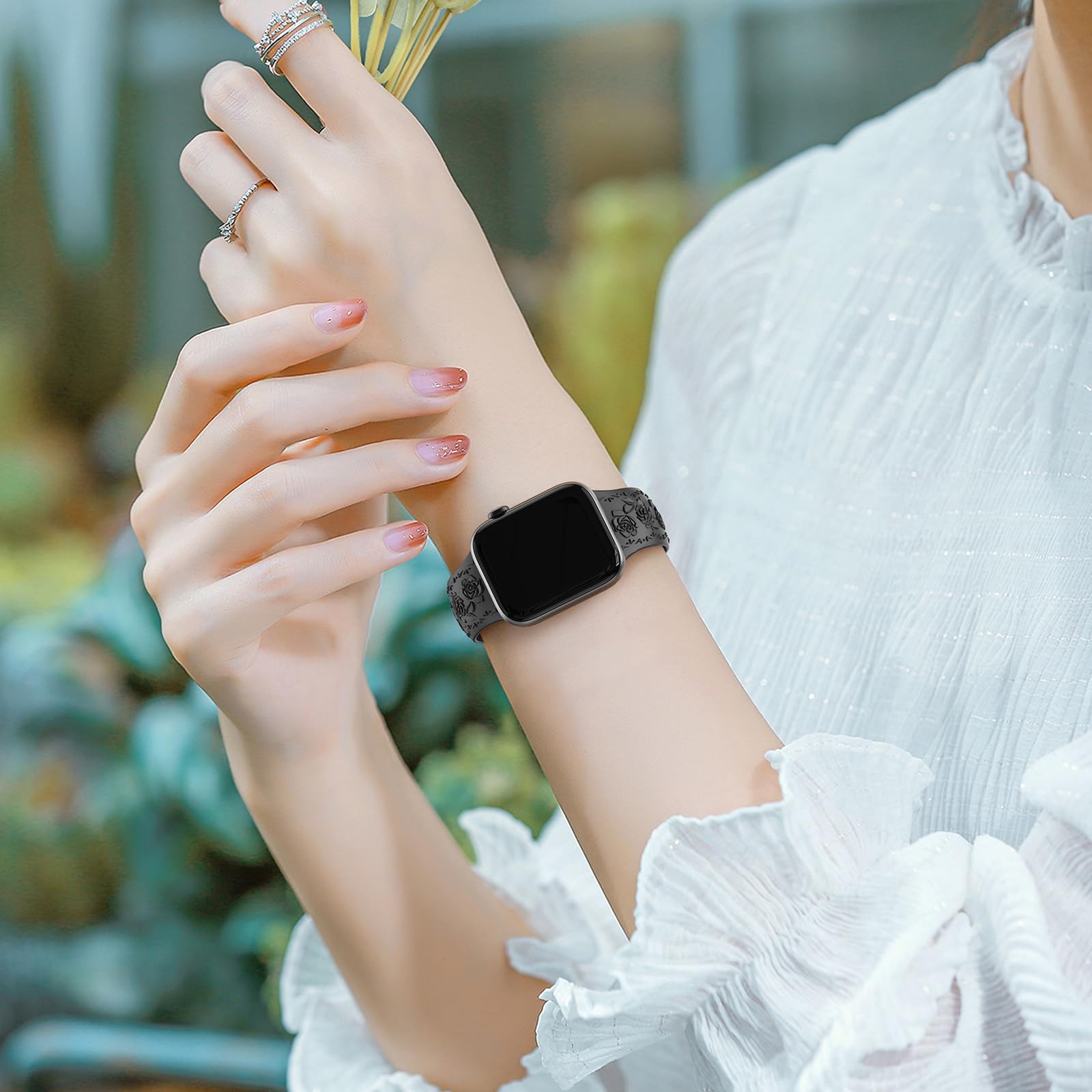 Floral Engraved Band Compatible 38mm/40mm/41mm/42mm [Series 10 11], A-Black