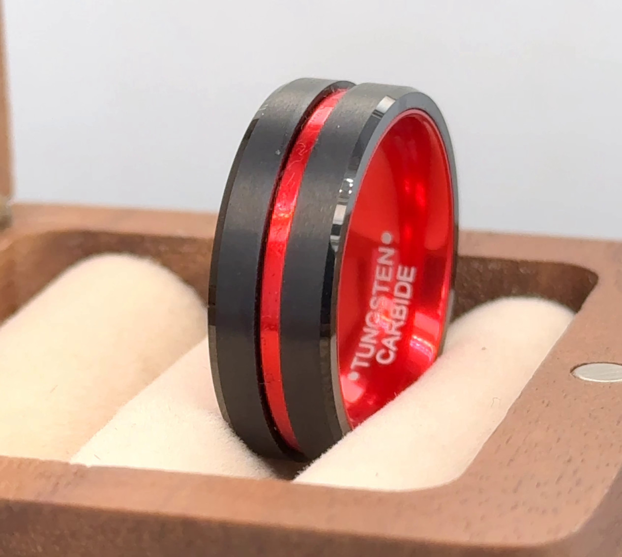 Red & Black Tungsten Band Groove Brushed Polished Ring Future Wife Ring