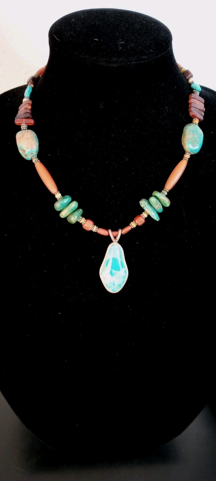 Signed BARSE .925 Sterling Silver Turquoise & Amber Necklace 52.55 Grams 18″ L