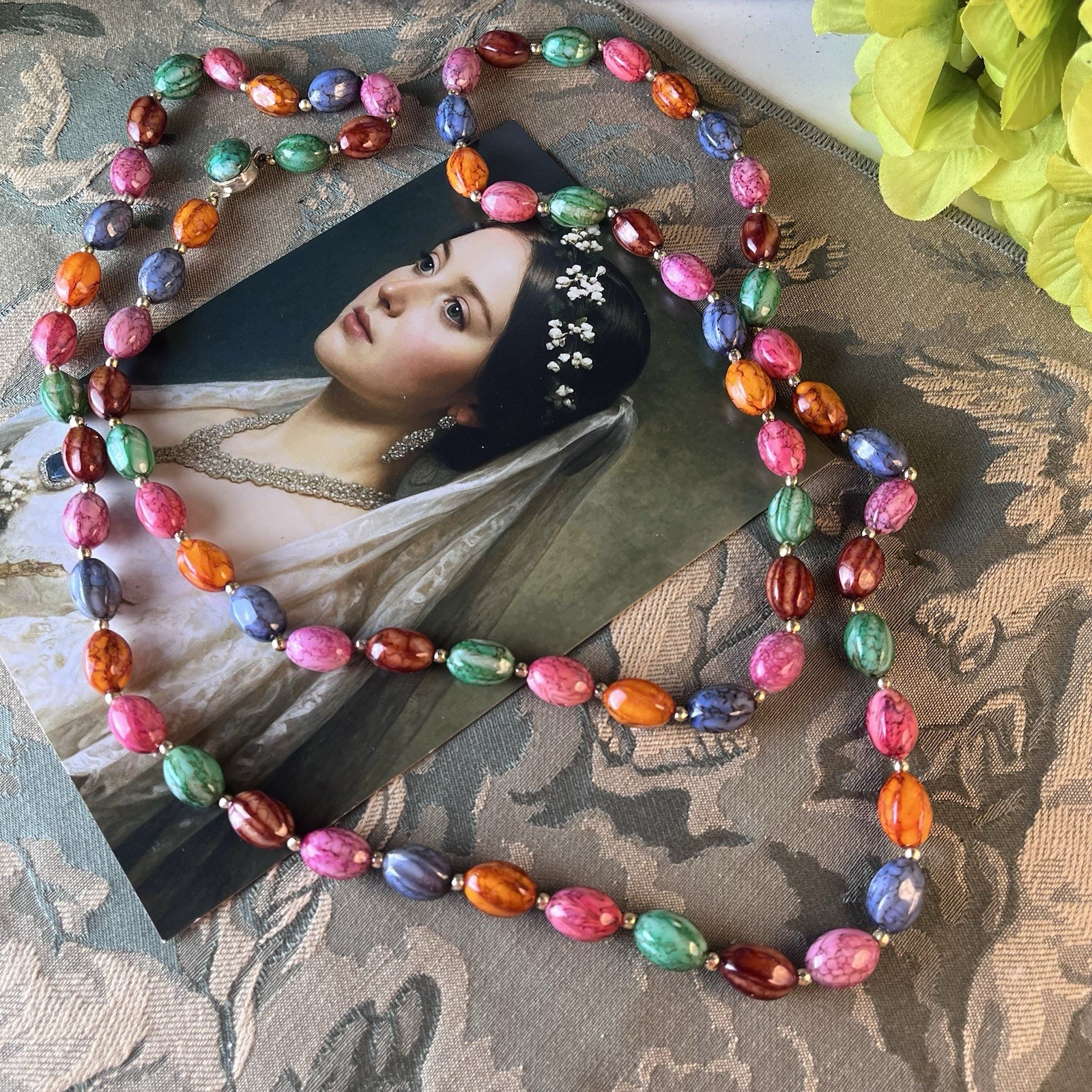 Vtg 48” Hong Kong Acrylic Egg Bead Sautoir Necklace – Easter Colors Gold Spacers