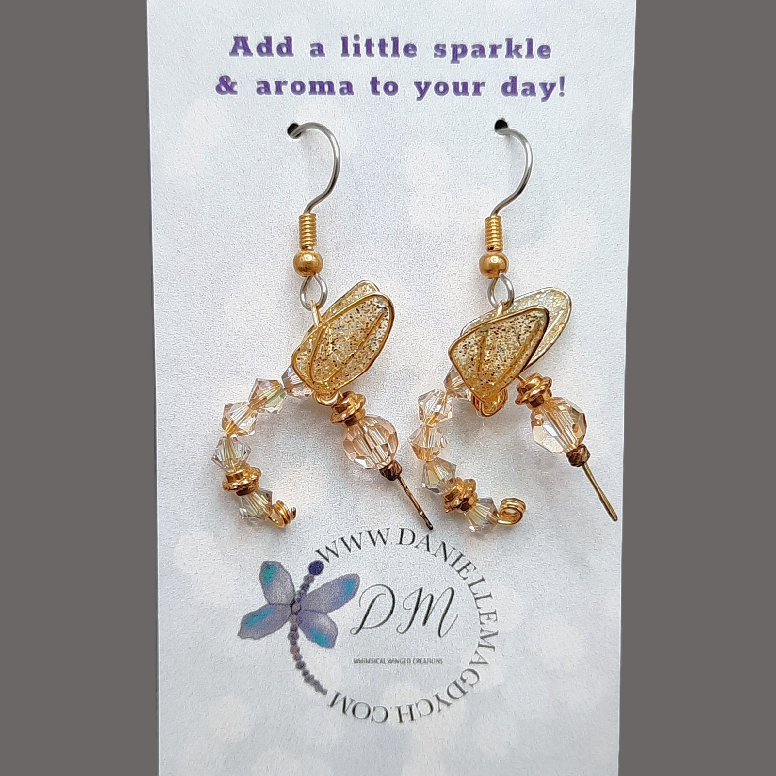 Artisan Made Whimsical Hummingbird Earrings Champagne Crystals Gold Tone RARE