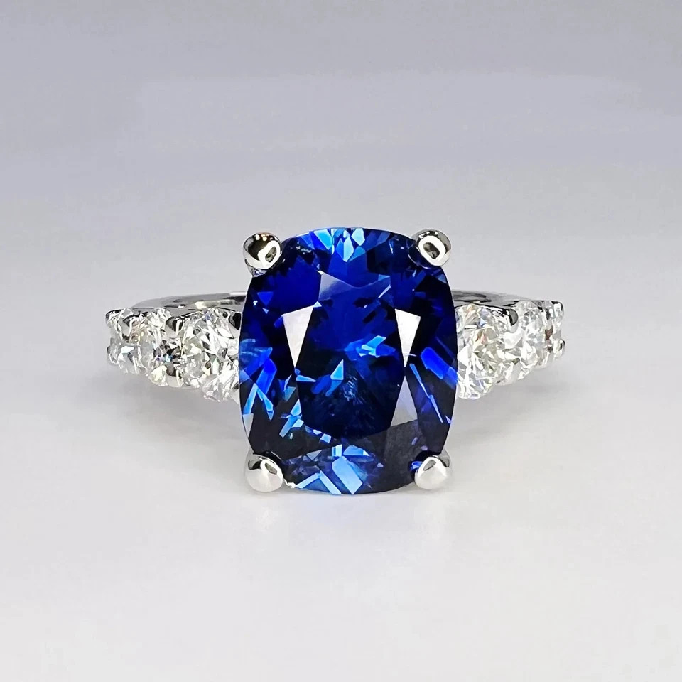 6.50 Ct Cushion Cut Natural Blue Sapphire Diamond Ring 14K White Gold Size 6 7 8