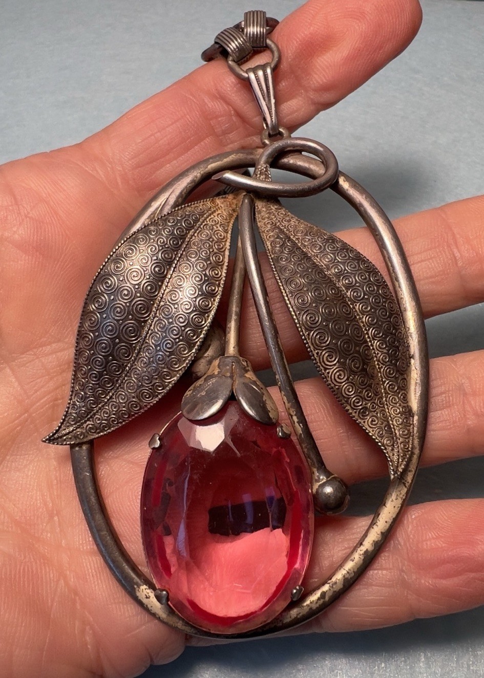 Vintage Art Nouveau Pink Glass 3.25” Pendant Bookchain Necklace 18” Chain