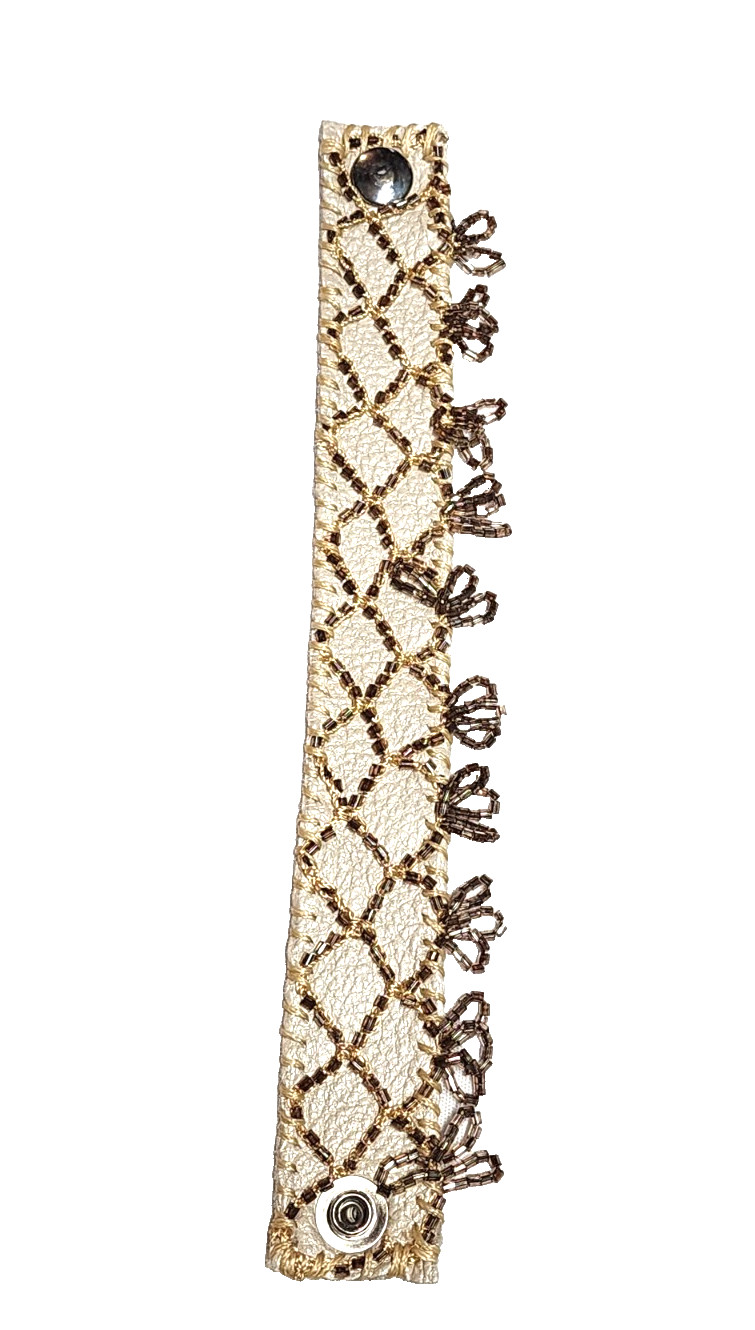 Handmade Cream White Genuine Leather Champagne Glass Beaded Cuff Bracelet Boho