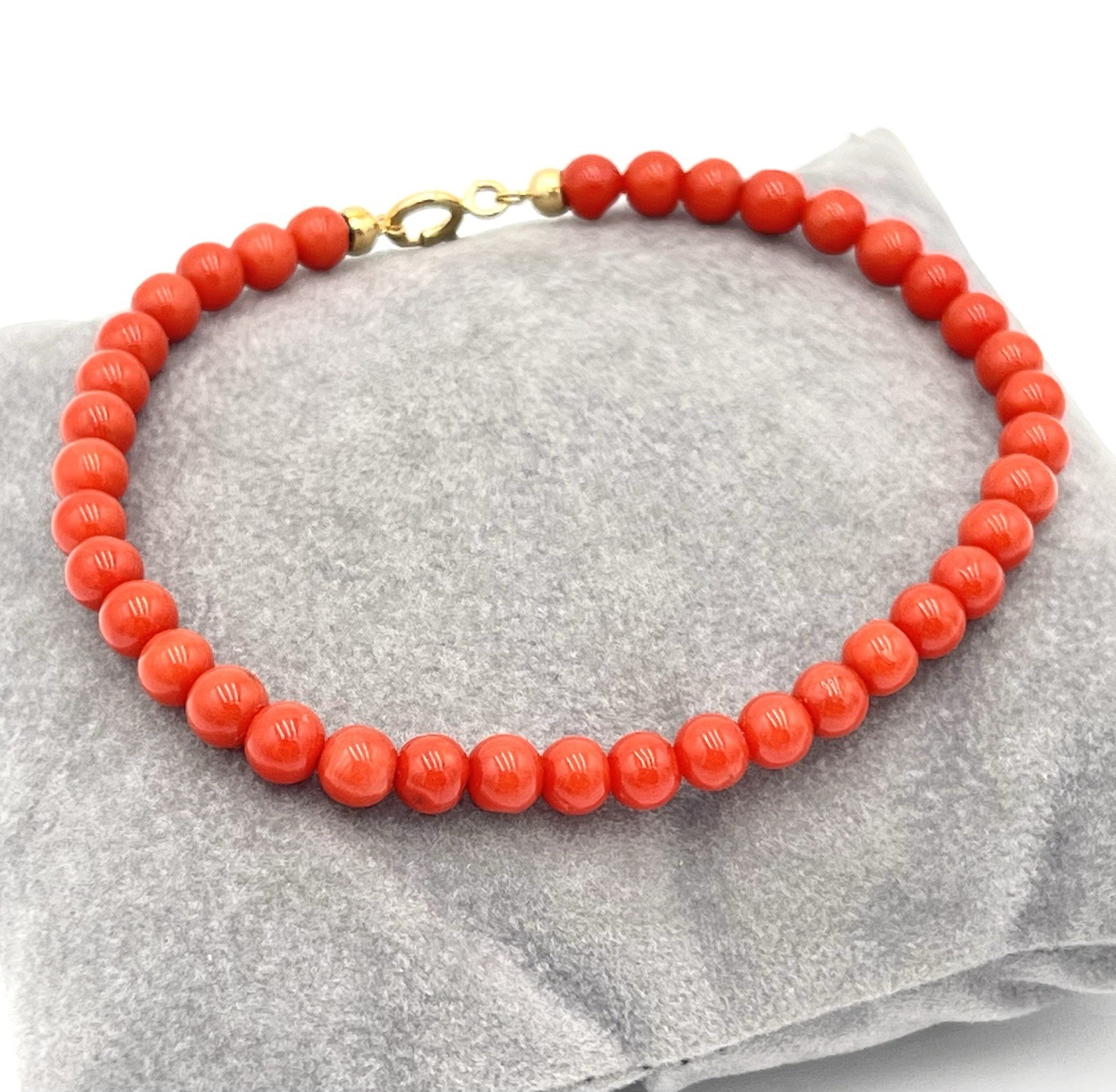 Natural Mediterranean Red Coral Bracelet 5mm 18kt Gold 21cm Made in Italy