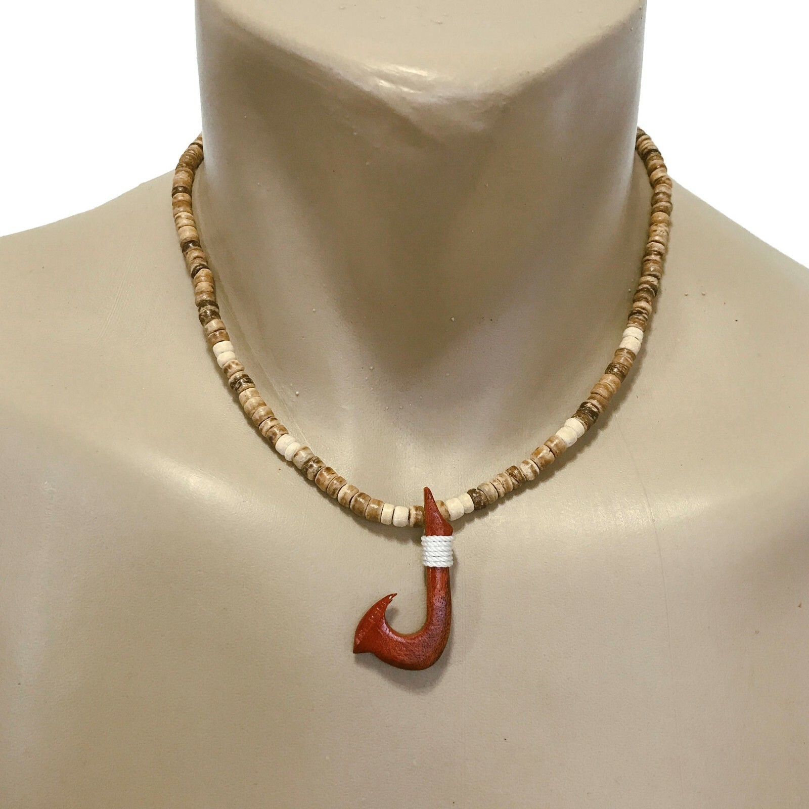 Hawaiian Jewelry Coconut Bead Hand Carved Wood Fishing Hook Necklace from Hawaii