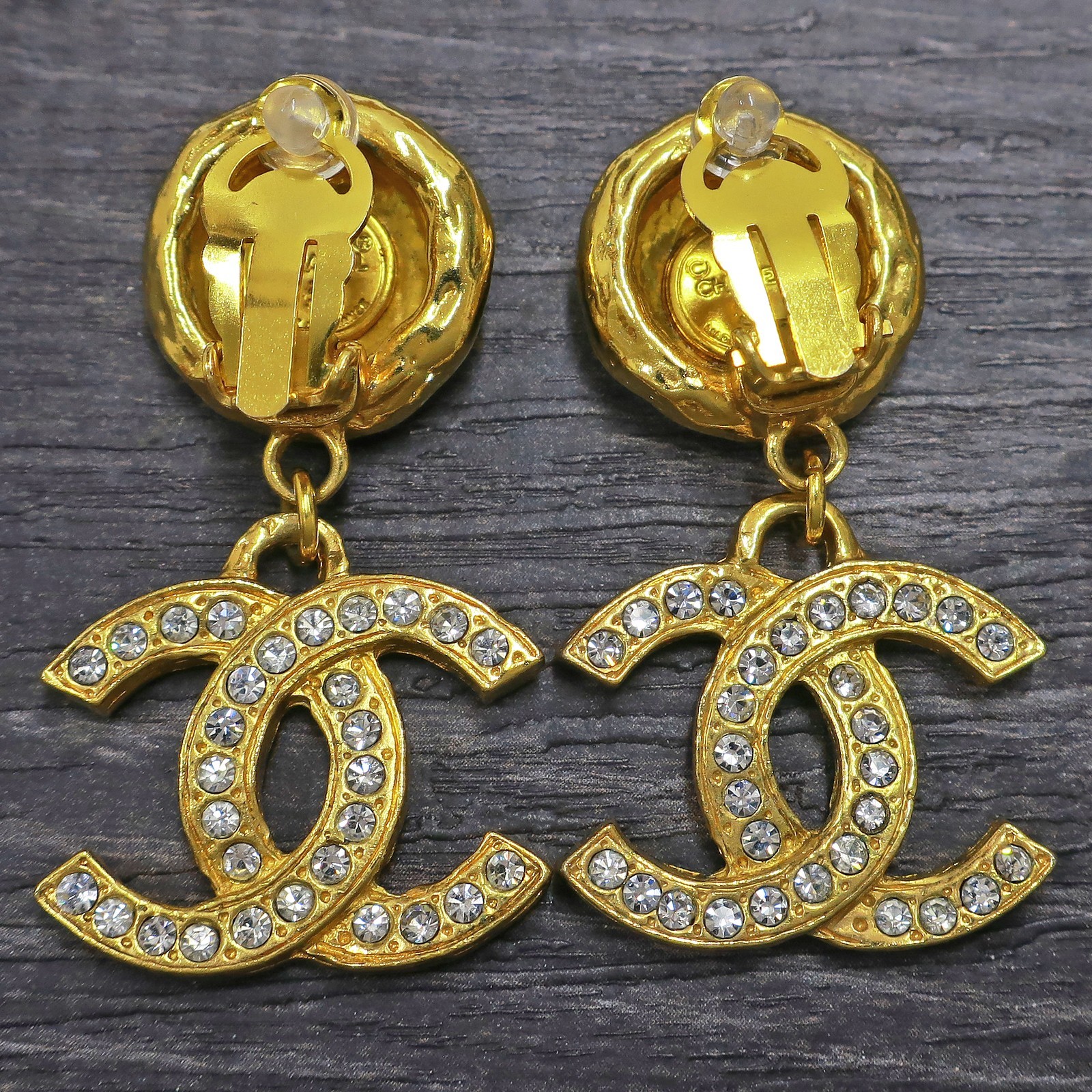 CHANEL Gold Plated CC Logos Rhinestone Swing Vintage Earrings #1399c Rise-on