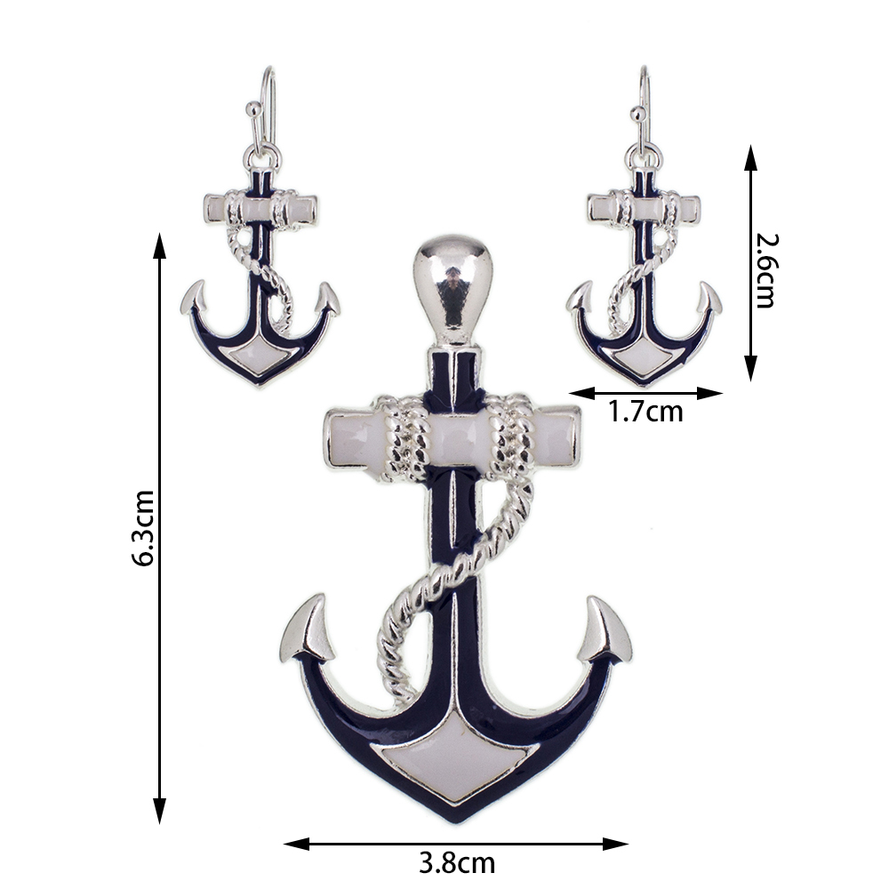 Large Beautiful Enameled Nautical Anchor Pendant & Earrings Set Navy Blue White