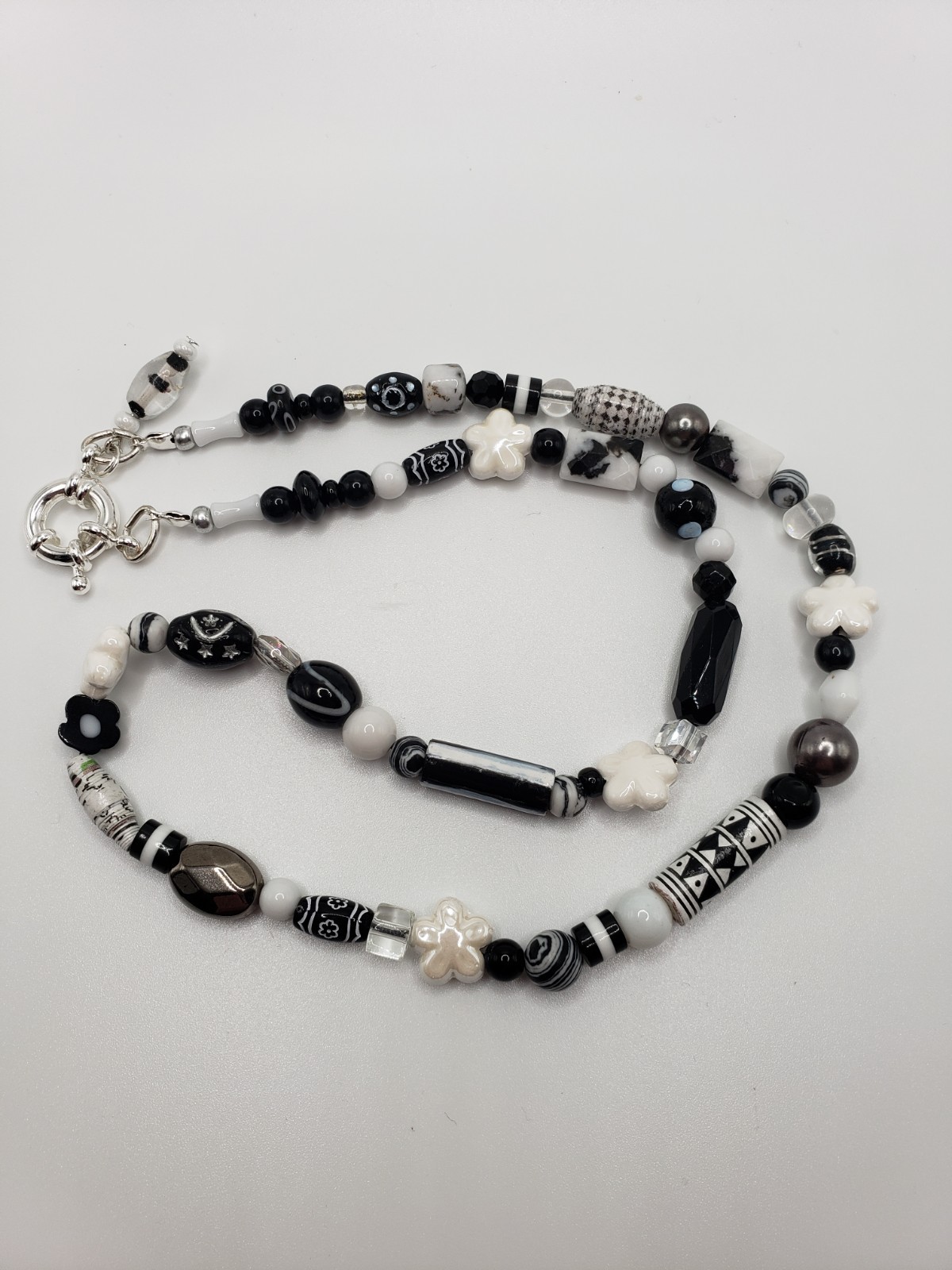 Handmade Black White Bead Necklace 21” Mixed Media OOAK Bead Soup Statement