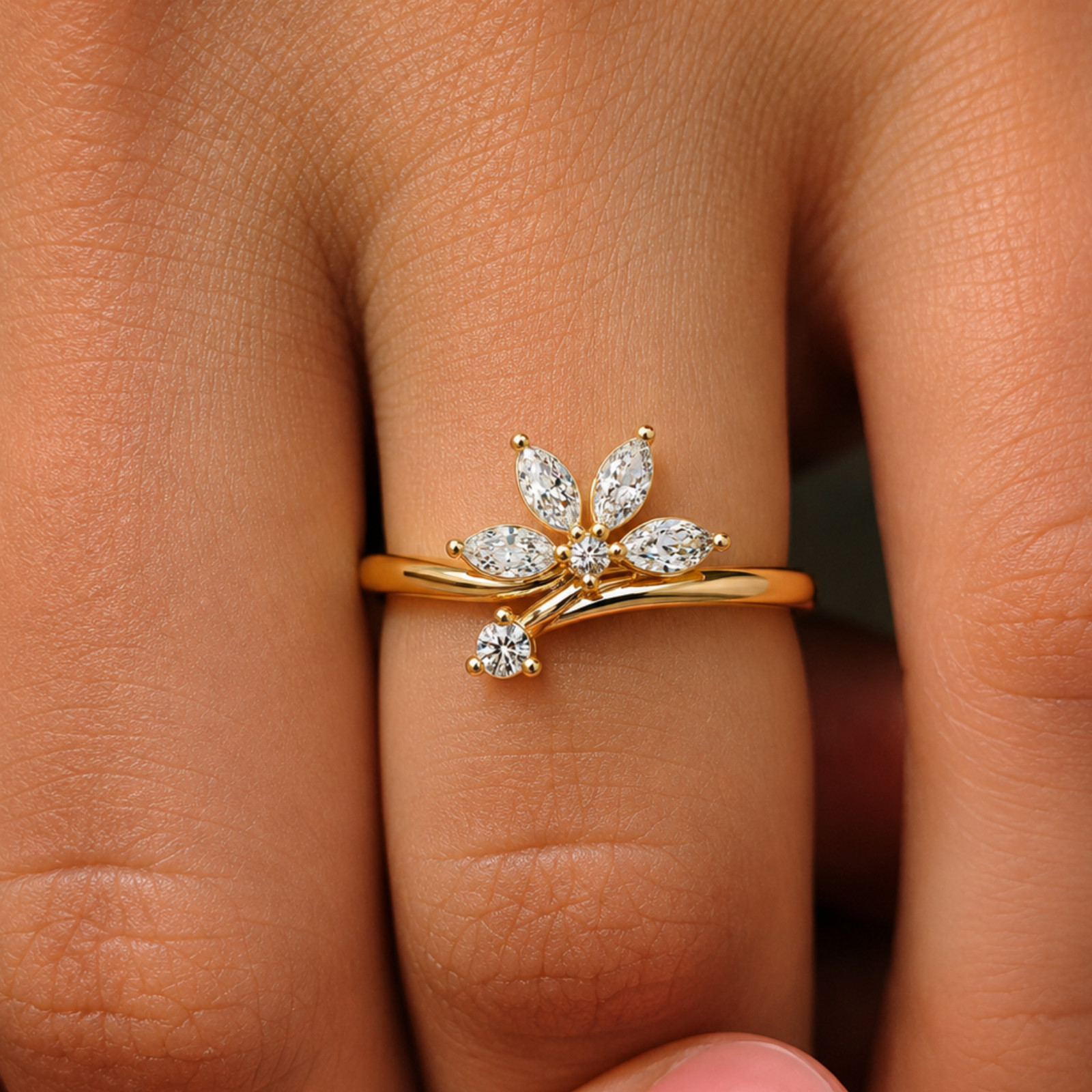 Marquise Cut Lab Grown Diamond Leaf Branch Wrap Ring 925 Silver 0.25 CTW DEF VVS