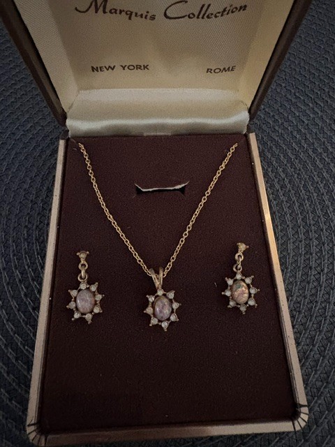Pink Opal Like Necklace and Earrings with Clear Crystals