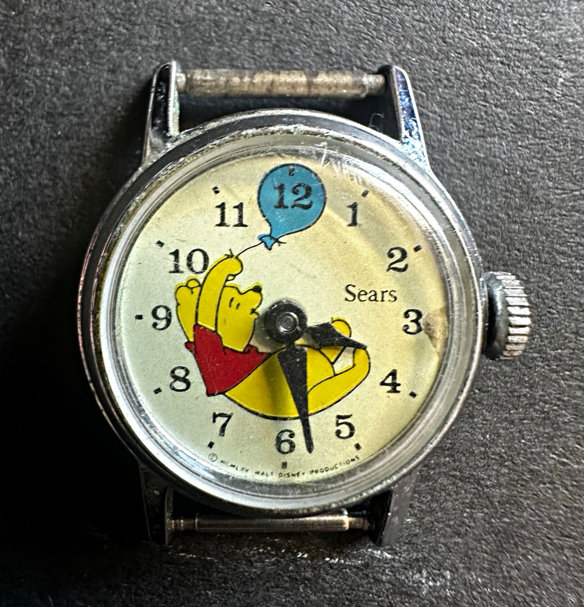 Sears Disney Time Winnie the Pooh Kids Analog Manual 12Hr Silver Metal Band