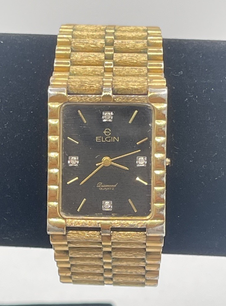 Vintage Elgin FM116-017 GP Steel Black Dial Diamond Markers Quartz Watch