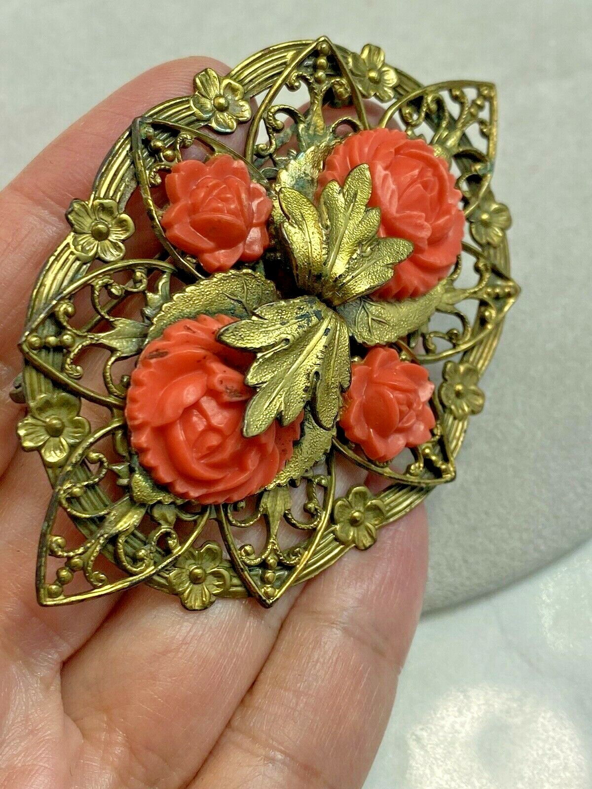Vintage Filigree Brooch Estate Jewelry Pre-Owned Coral Rose XXL Die Struck