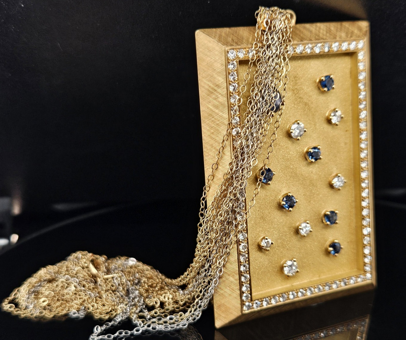 18K Gold DIAMOND STARRY NIGHT WINDOW Pendant Necklace Star Sapphire 45 Grams