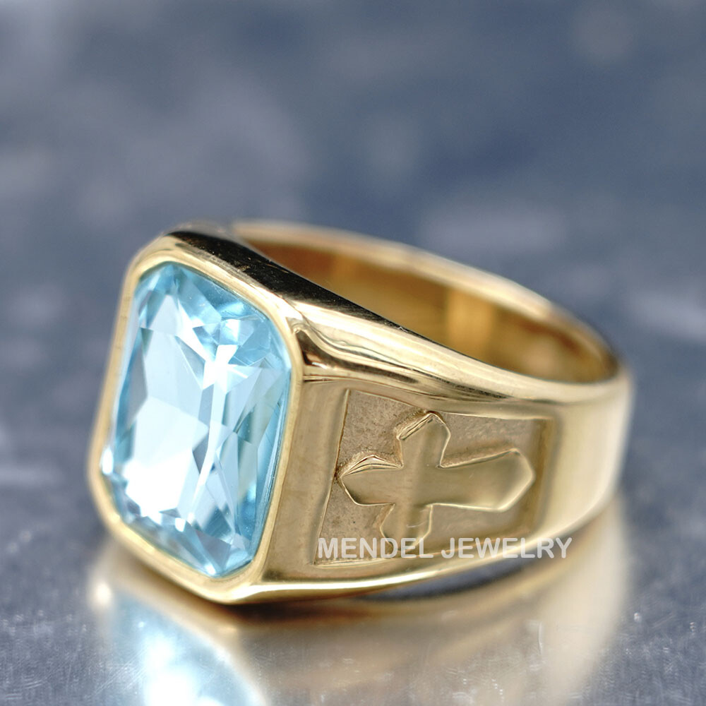 MENDEL Mens Gold Plated Cross Blue Aquamarine Stone Ring Men S-Steel Size 7-15