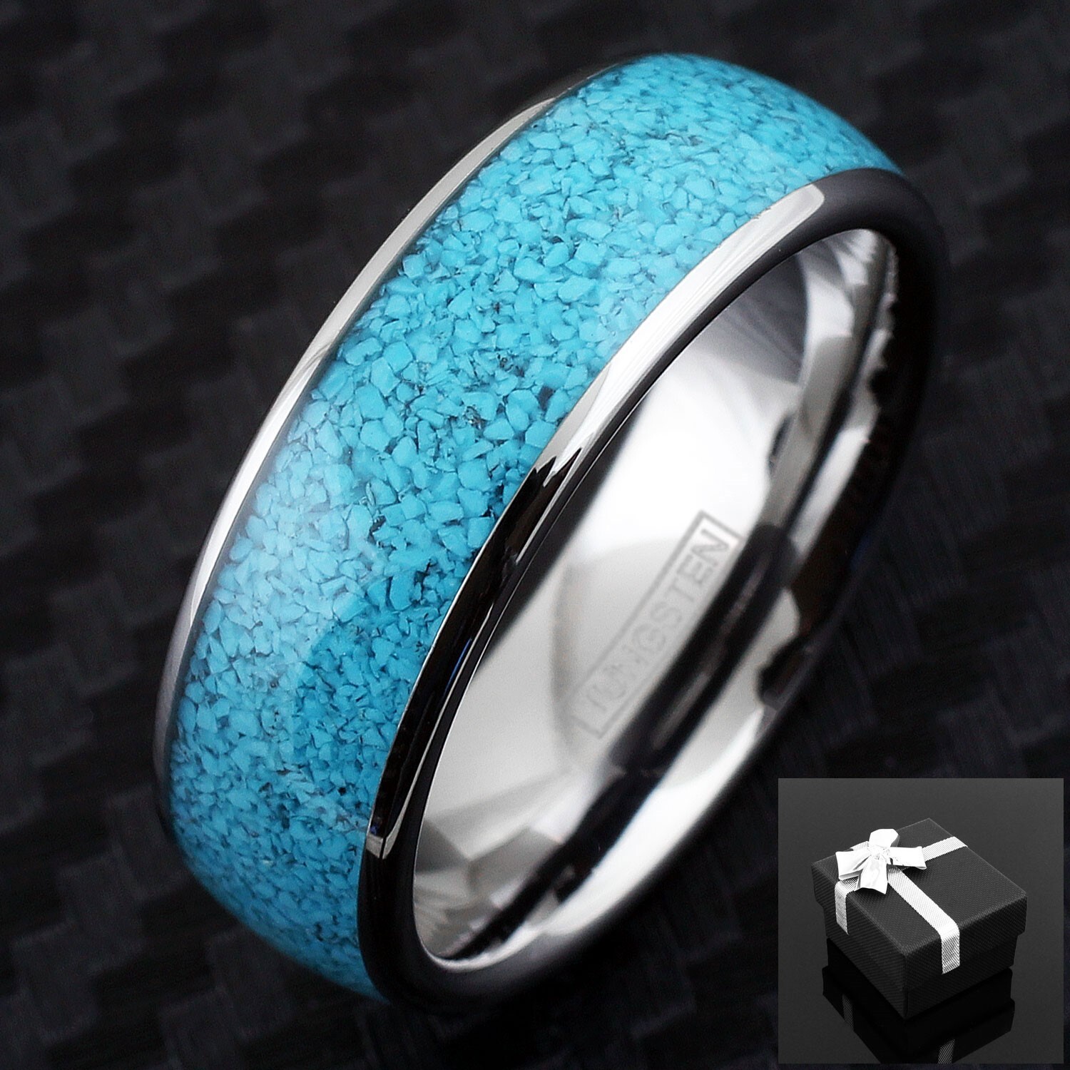 8mm Silver, Black or Rose Gold Plated Tungsten w/ Crushed Turquoise Men’s Ring