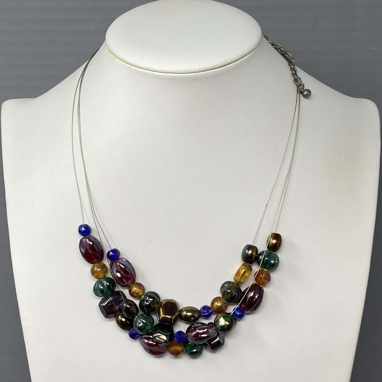 Glass Bead Necklace Iridescent Colorful Coated Pressed Wire Chain Multi Strand