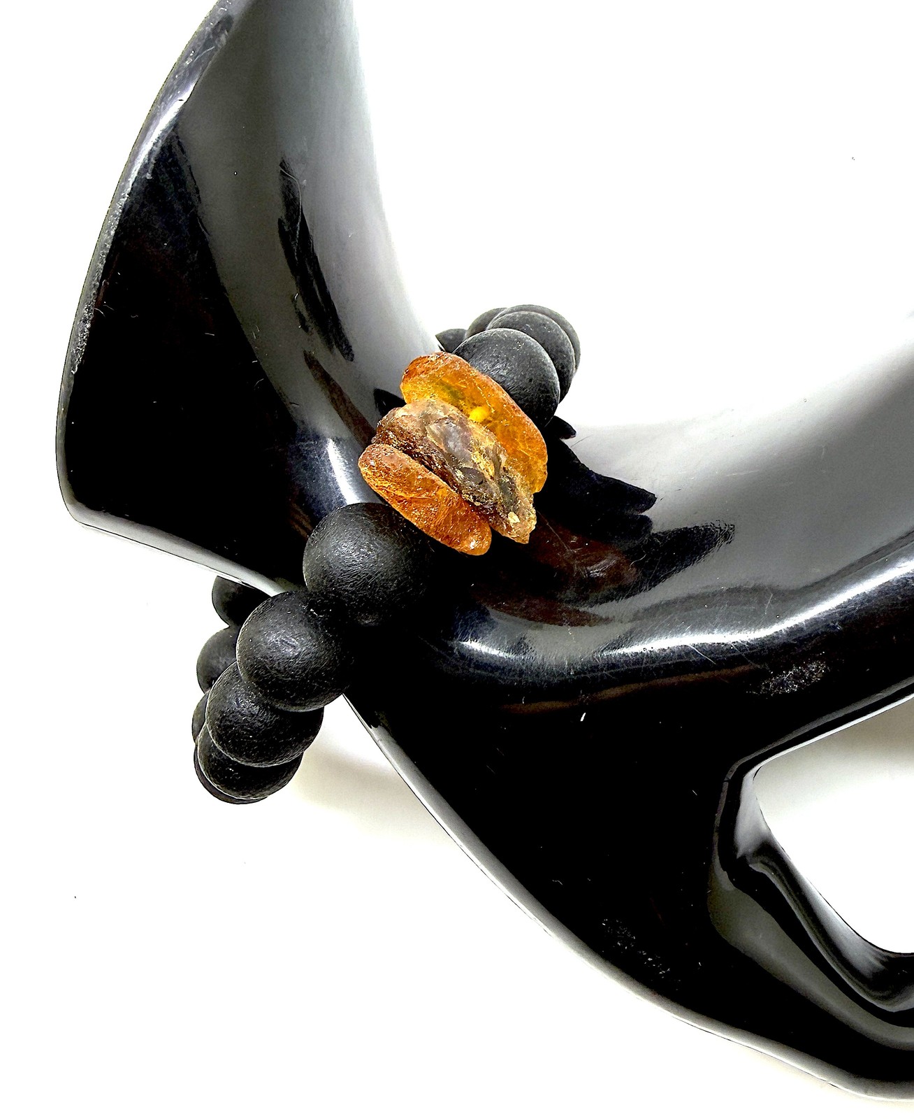 Baltic Amber Beaded Bracelet Black 11mm Stretch Healing 14.2g