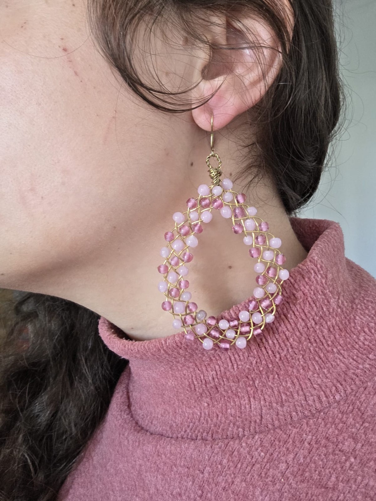 Handmade Pink Beaded Wire Earrings – Boho Dangle Drop Earrings Gold Tone Jewelry