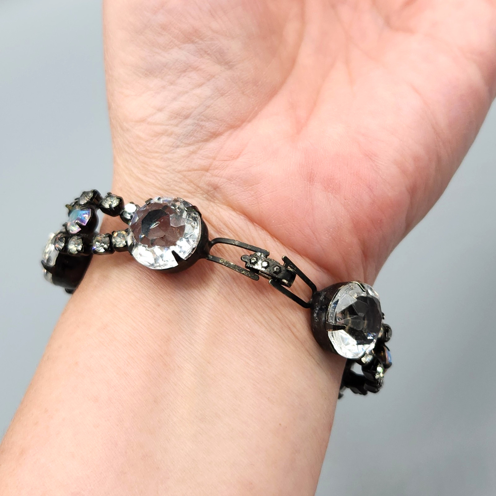 Vintage Unsigned Molded Glass and AB Chaton Rhinestone Japanned Bracelet 7”