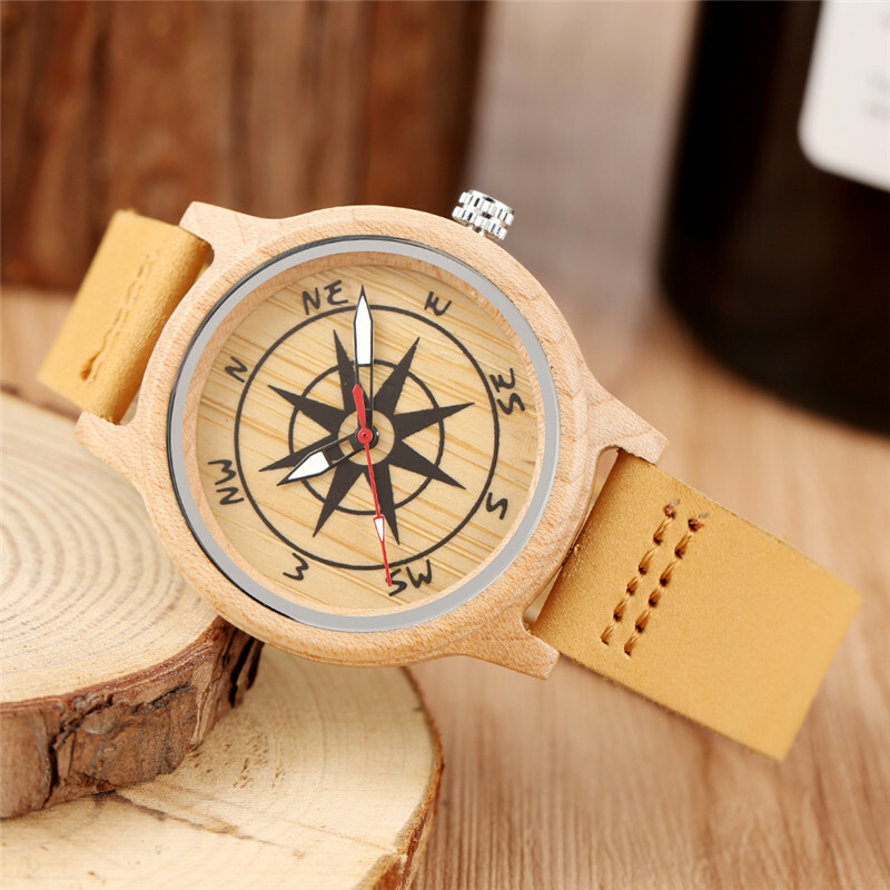 Antique Compass Dial Nature Wood Men Women Quartz Analog Watch Leather Band