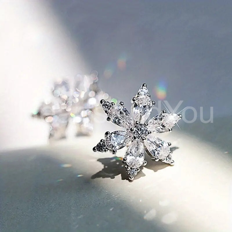 2ct Pear Cut Moissanite Floral Snowflake Stud Earrings 14K White Gold Plated