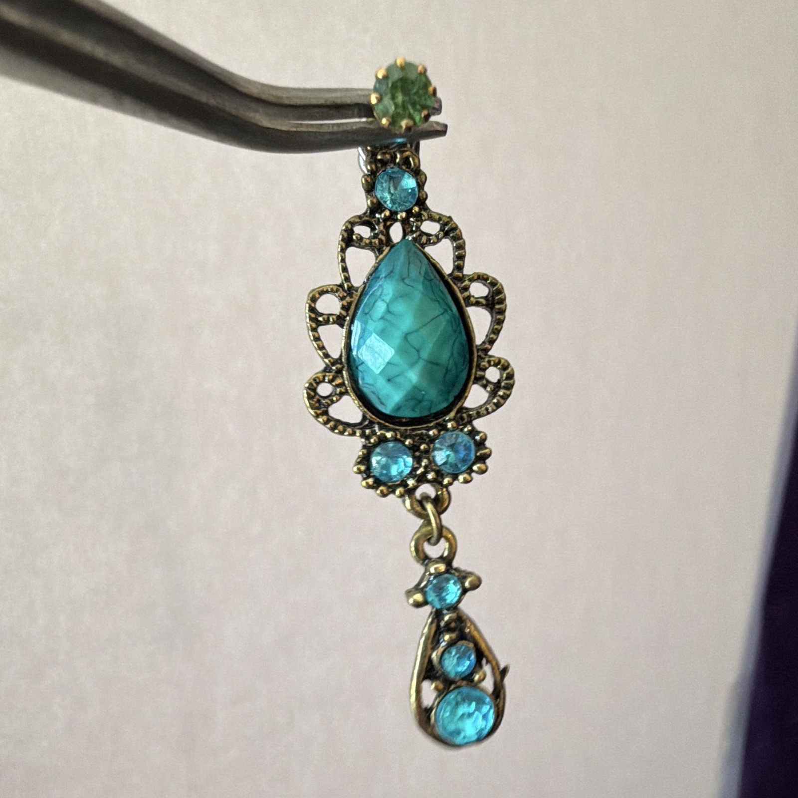 Gold Tone Brass, Blue Crystal Teardrop Dangle Screw Back Earrings