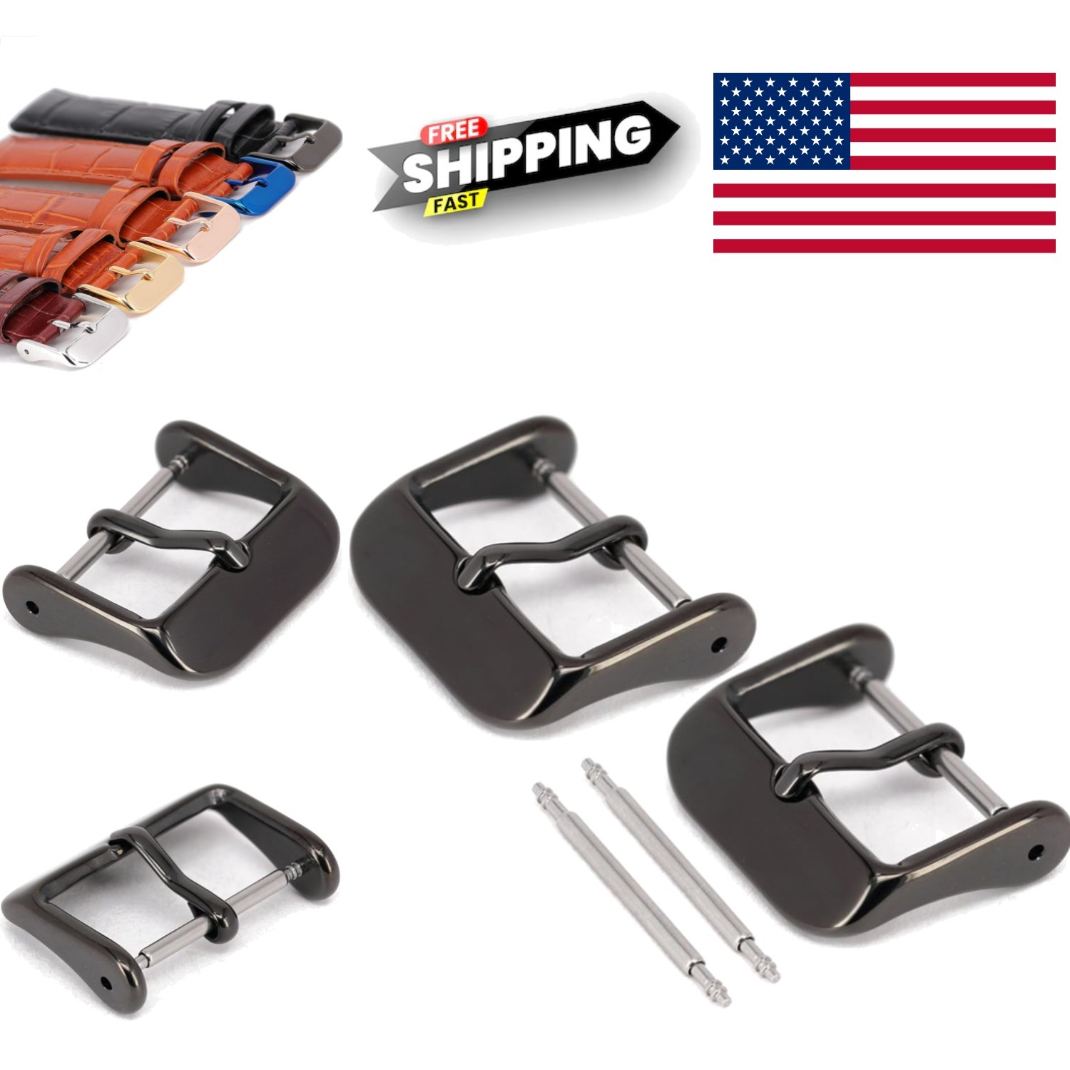 Black Stainless Steel Watch Buckles 22mm Easy Install 2 Pack with Spring Bar